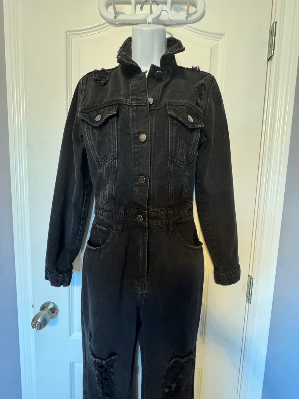 RARE Aritzia Little Mountain Black Distressed Denim Utility Jumpsuit | Small